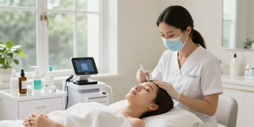 Augenringe weg bekommen mit der CCeye® Behandlung in einem hellen Beautystudio.