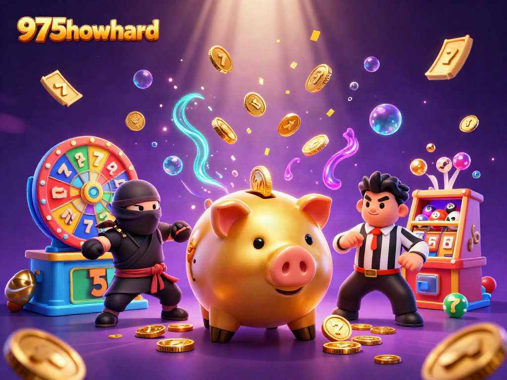 Engage in thrilling slots action with the dynamic scene showcasing 975howard's cartoon piggy bank and vibrant gambling elements.