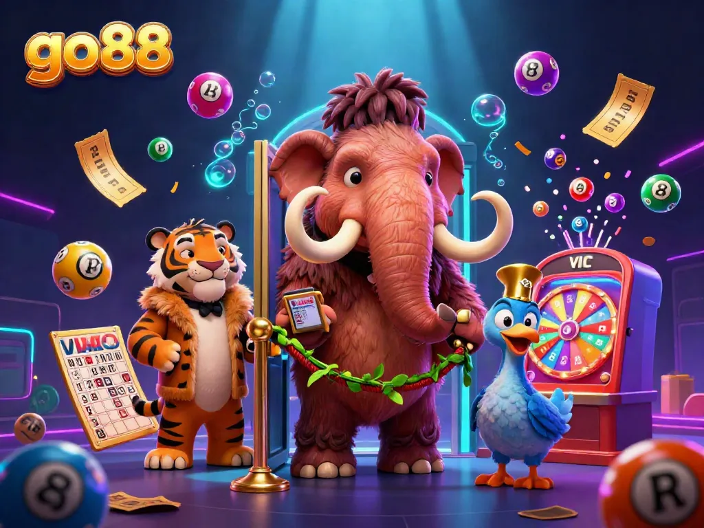 Engaging scene with go88 characters, a mammoth bouncer and saber-tooth VIP, lively lottery elements.