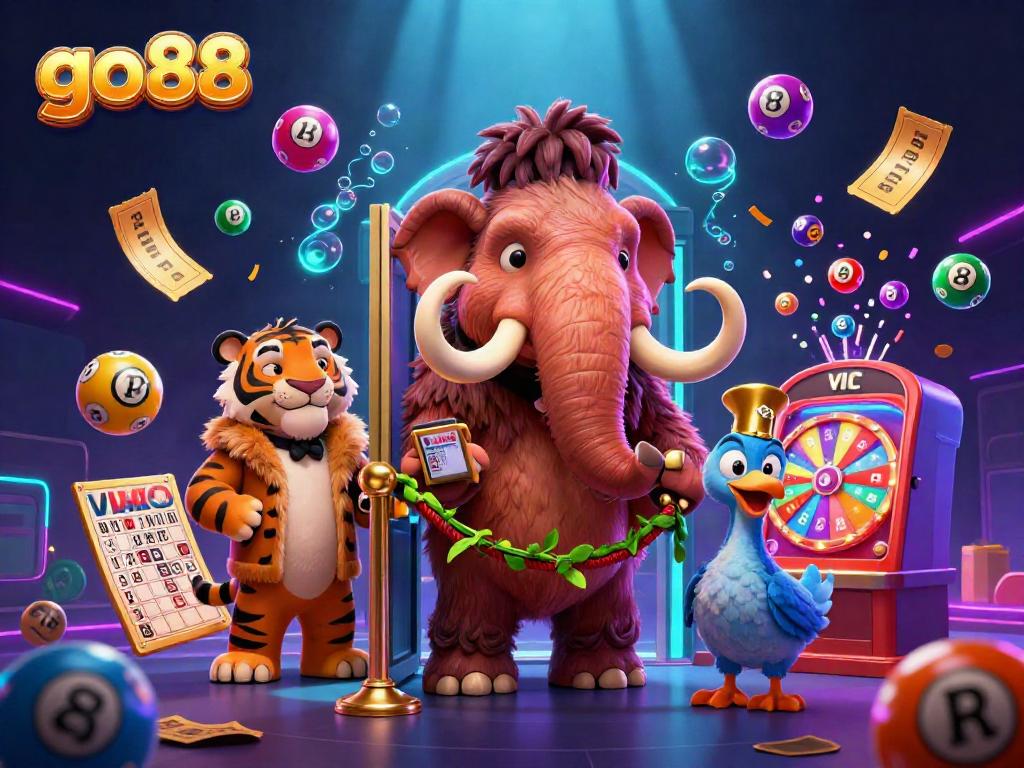Engaging scene with go88 characters, a mammoth bouncer and saber-tooth VIP, lively lottery elements.