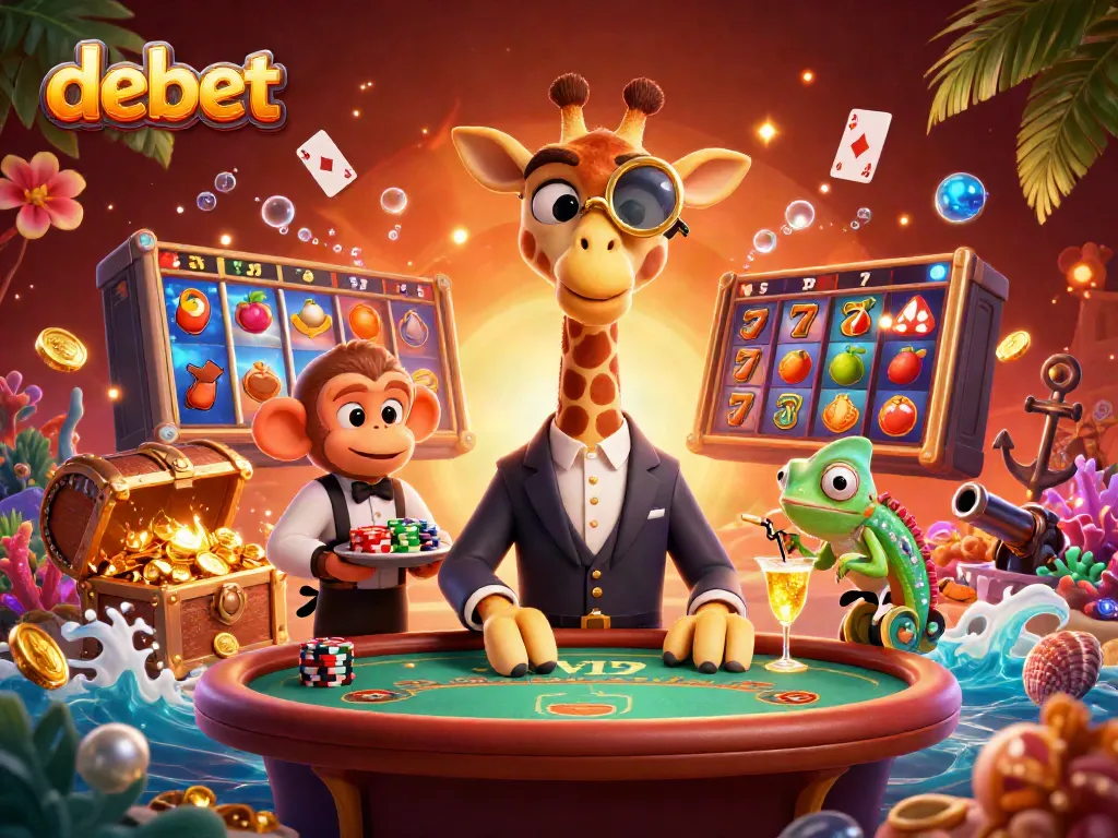 Experience premium gaming with debet, featuring a high-roller giraffe at a vibrant casino scene.