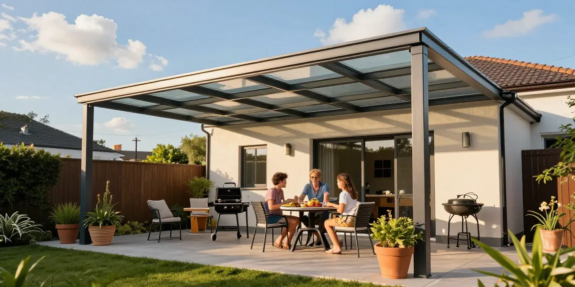 Moderne Terrassenüberdachung mit Familie bei Grillfest im Garten