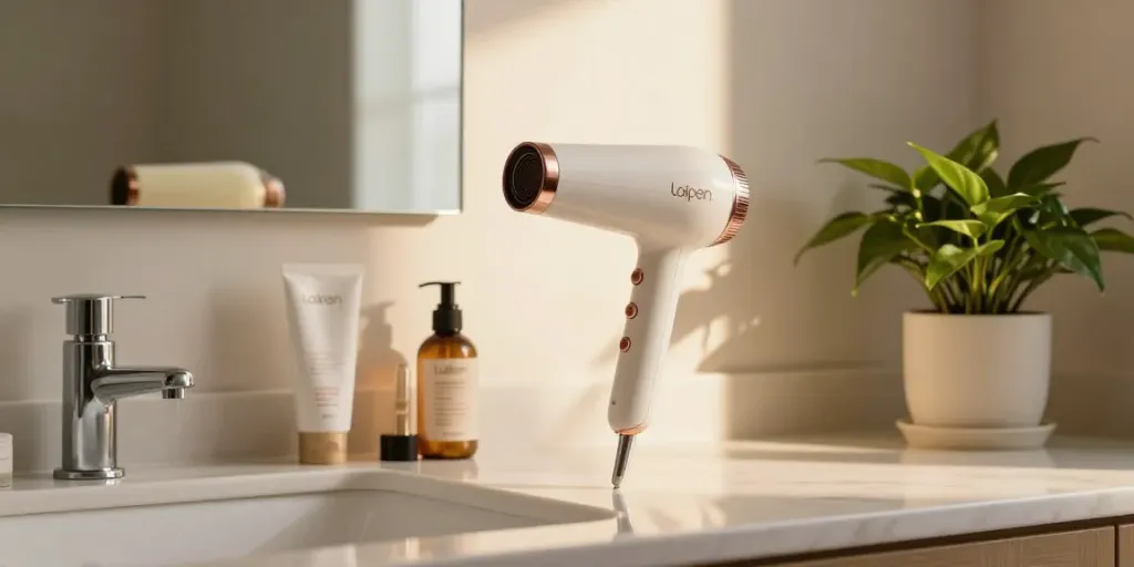 Eleganter Laifen Haartrockner neben Haarpflegeprodukten auf einem modernen Badezimmerwaschtisch.