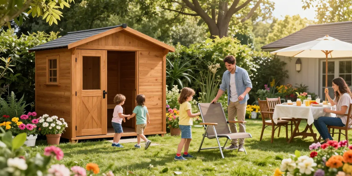 Gartenhaus kaufen: Eine Familie genießt ihren Garten mit einem neuen Holz-Gartenhaus im Hintergrund.