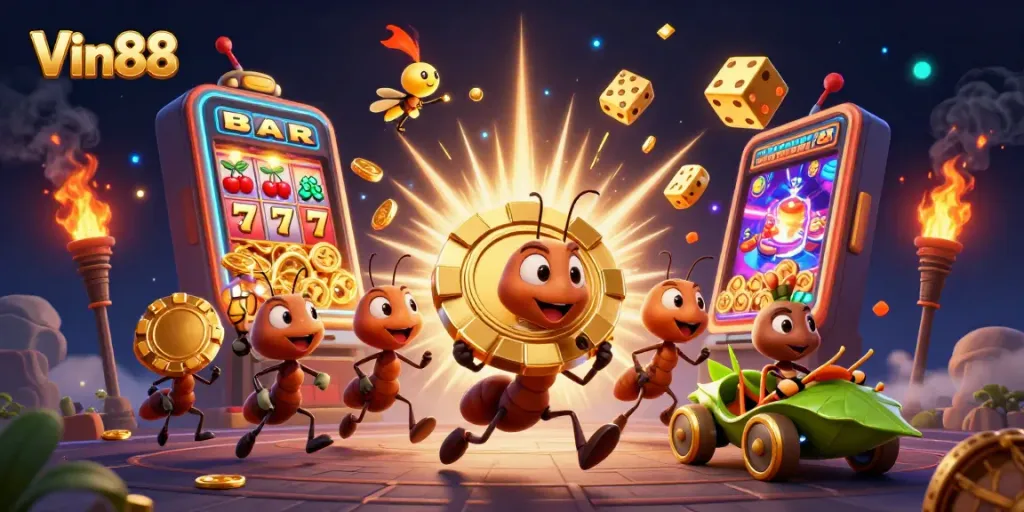 Experience thrilling wins with Vin88 as ants heist big golden chip amidst vibrant casino elements.