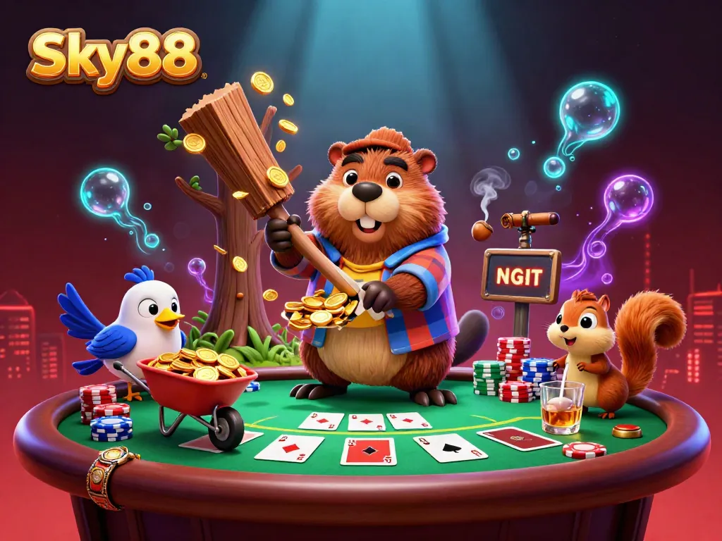 Engage in winning strategies at Sky88 with a lively 3D cartoon scene of a beaver, bird, and squirrel amidst poker games.