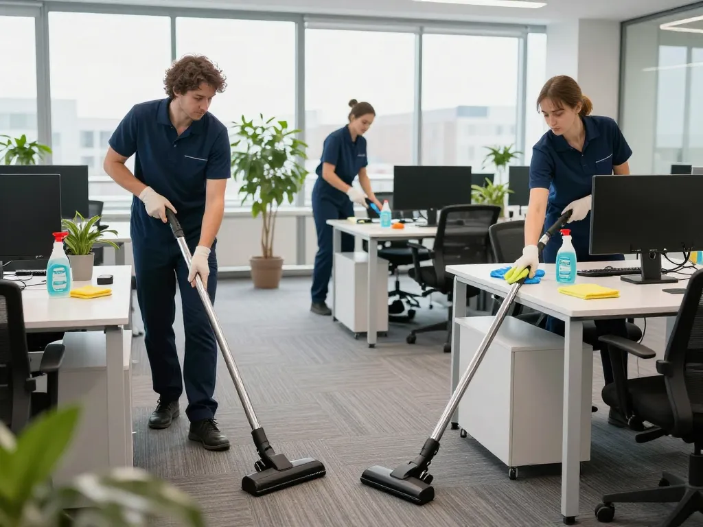 Professionelles Reinigungsteam führt Unterhaltsreinigung im Raum Münster in einem modernen Büro aus und sorgt für Hygiene und Produktivität.