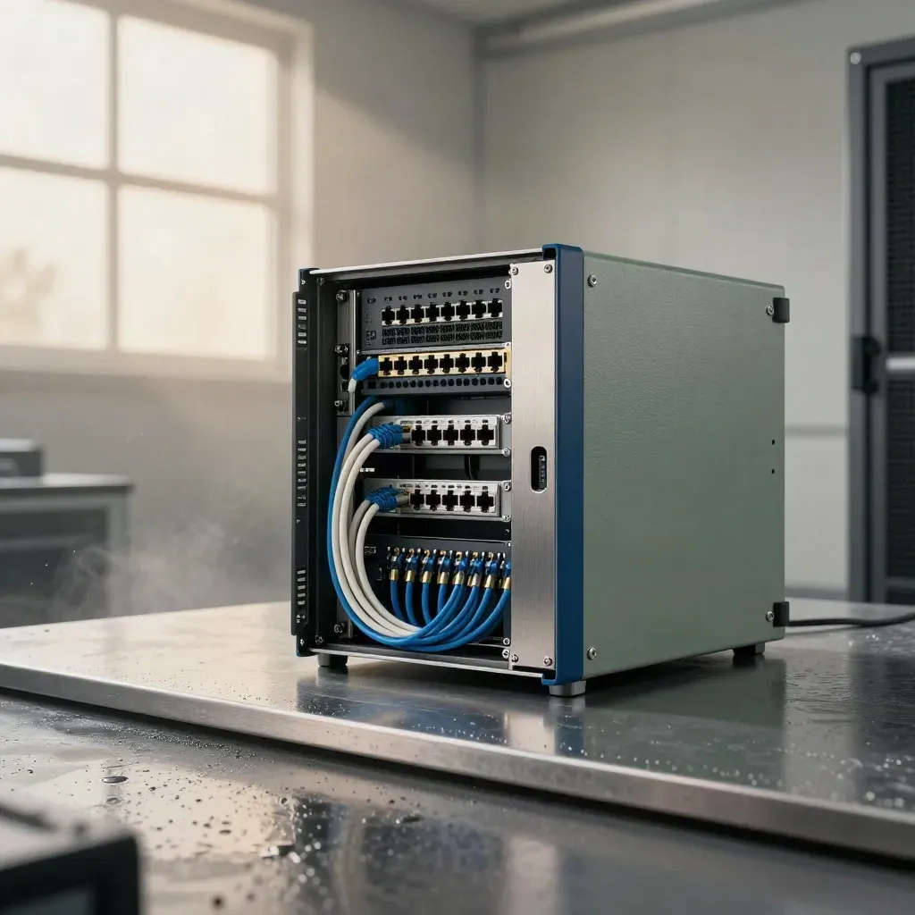 Offener Serverrahmen mit Switch-Modulen, Patchkabeln und Servicekoffer im sanften Morgenlicht.