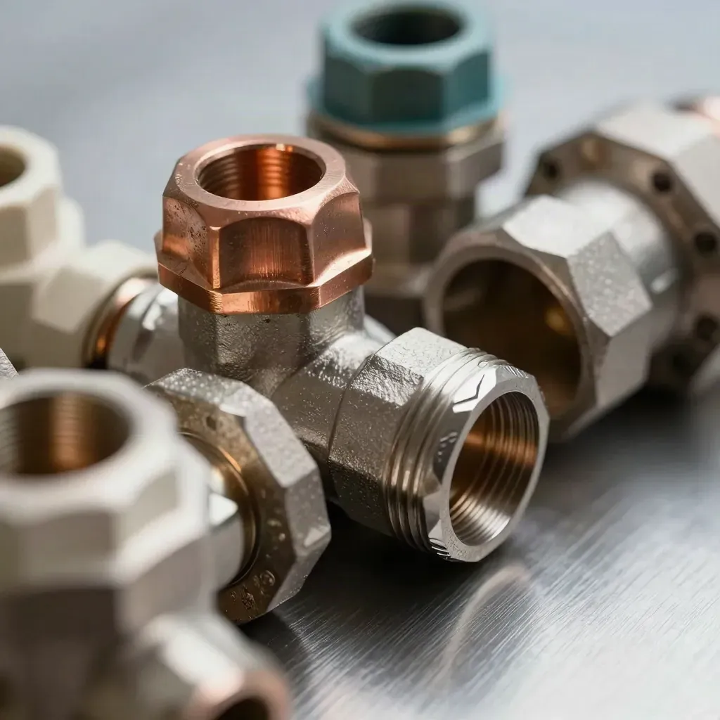 Ventilsitz, Kupferfitting, Dichtung und Rohrverbinder im kühlen Streiflicht auf gebürstetem Metall.