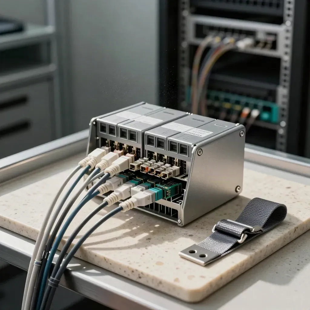 Faser-Kassetten, SFP-Module und Netzwerkkabel auf Travertin im dramatischen Studiolicht