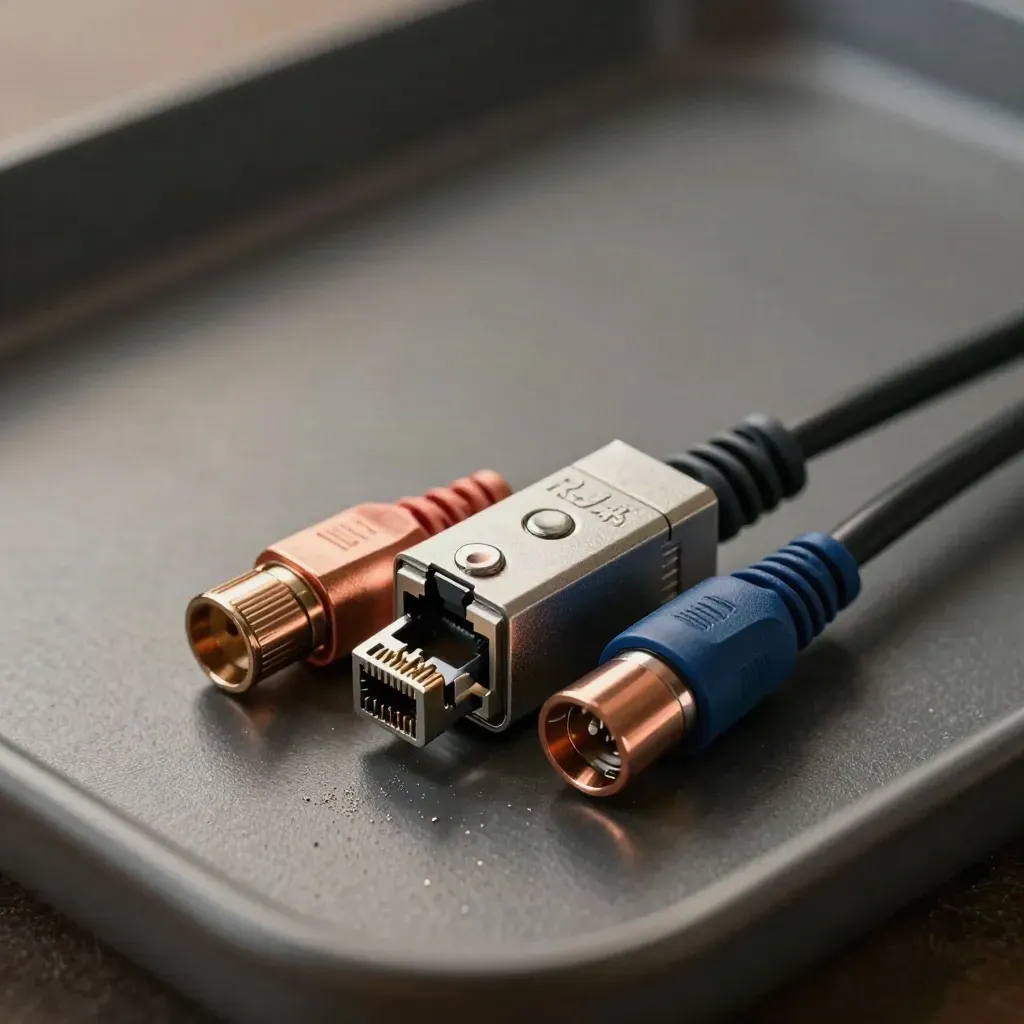 RJ45-Loopback-Adapter mit Patchkabel und Kupplungen auf dunkler Fläche, dramatisch ausgeleuchtet