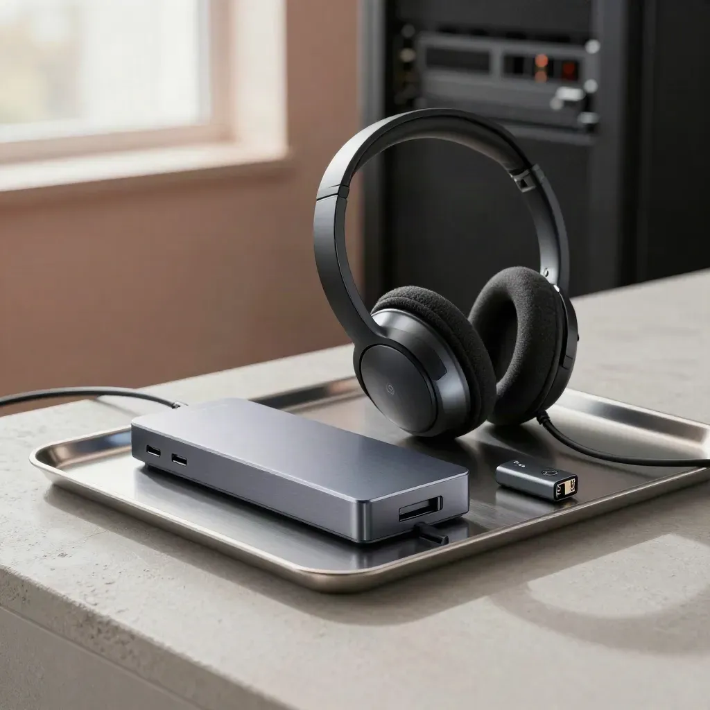 IT-Service-Set mit Dockingstation, Headset, Token und Ethernet-Adapter auf Stahlablage.
