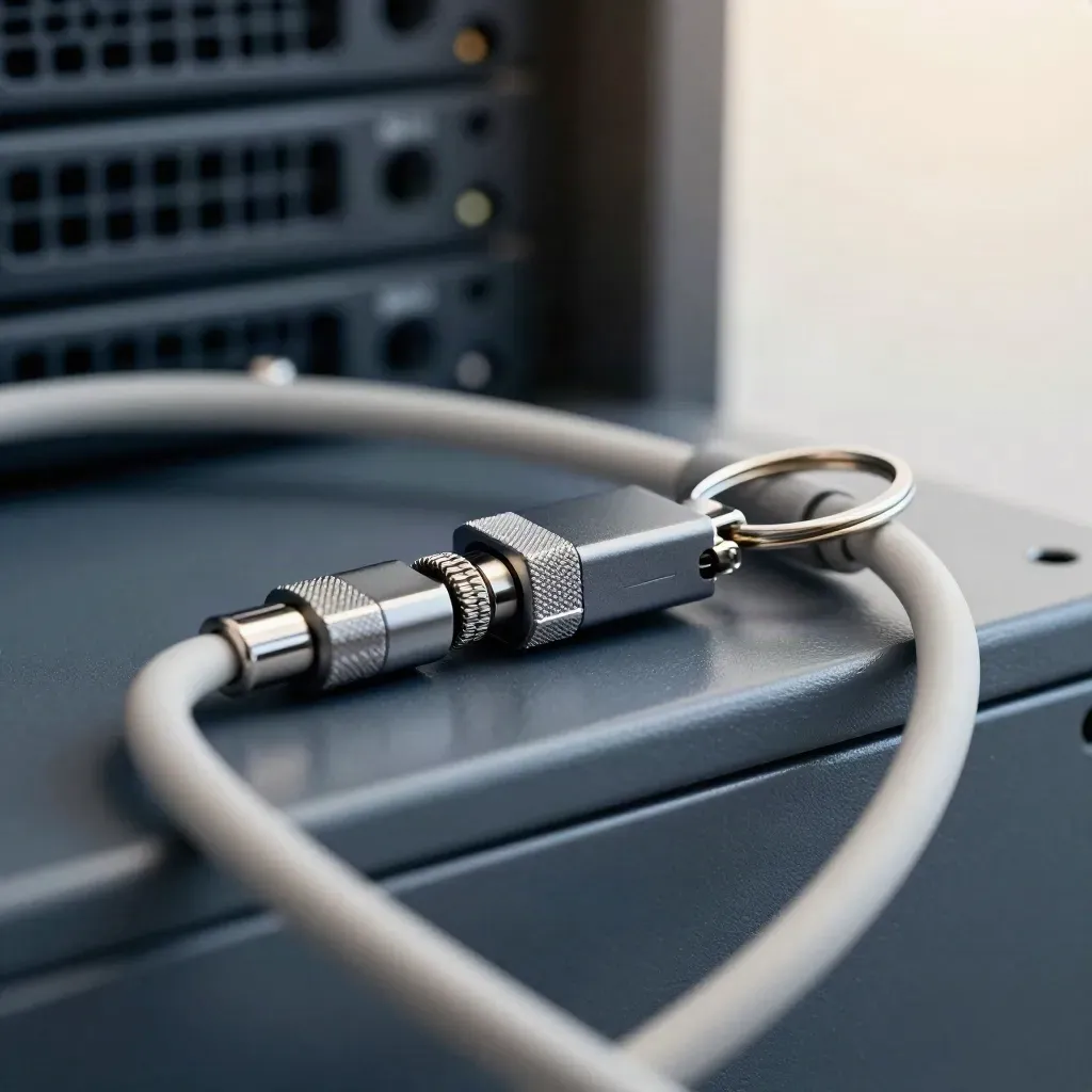 Makro von Admin-Schlüsselbund, Hardware-Token und Patchkabel am Serverrack.