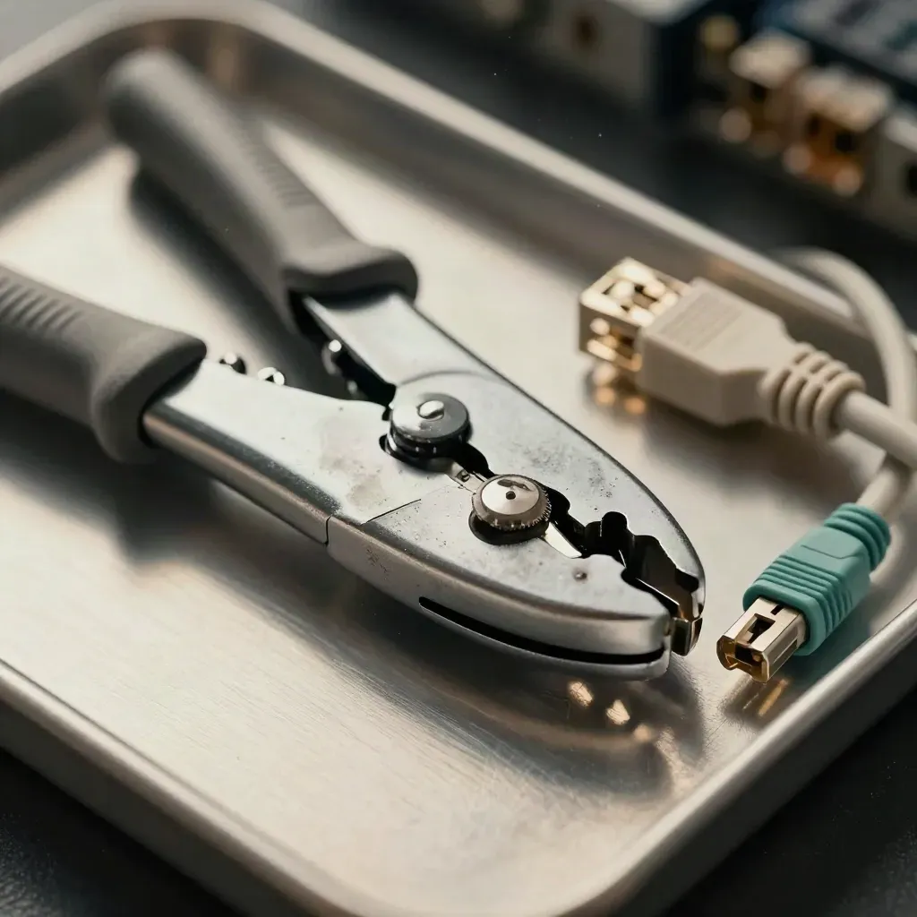 Netzwerktechnik-Set mit Crimpzange, Keystone-Modul und Patchkabel im Makrolicht
