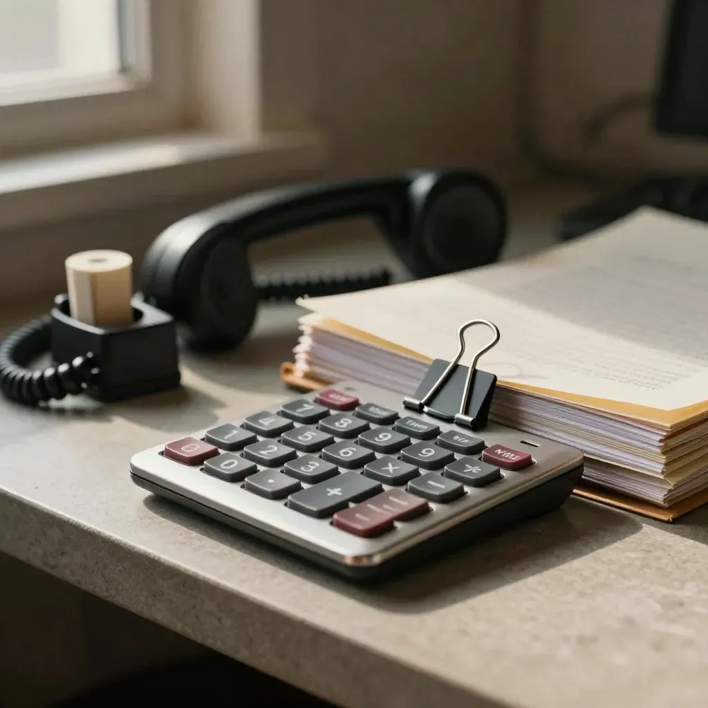 Büro-Set mit Taschenrechner, Handset, Ordnerklemme und Etikettenspender im warmen Licht.