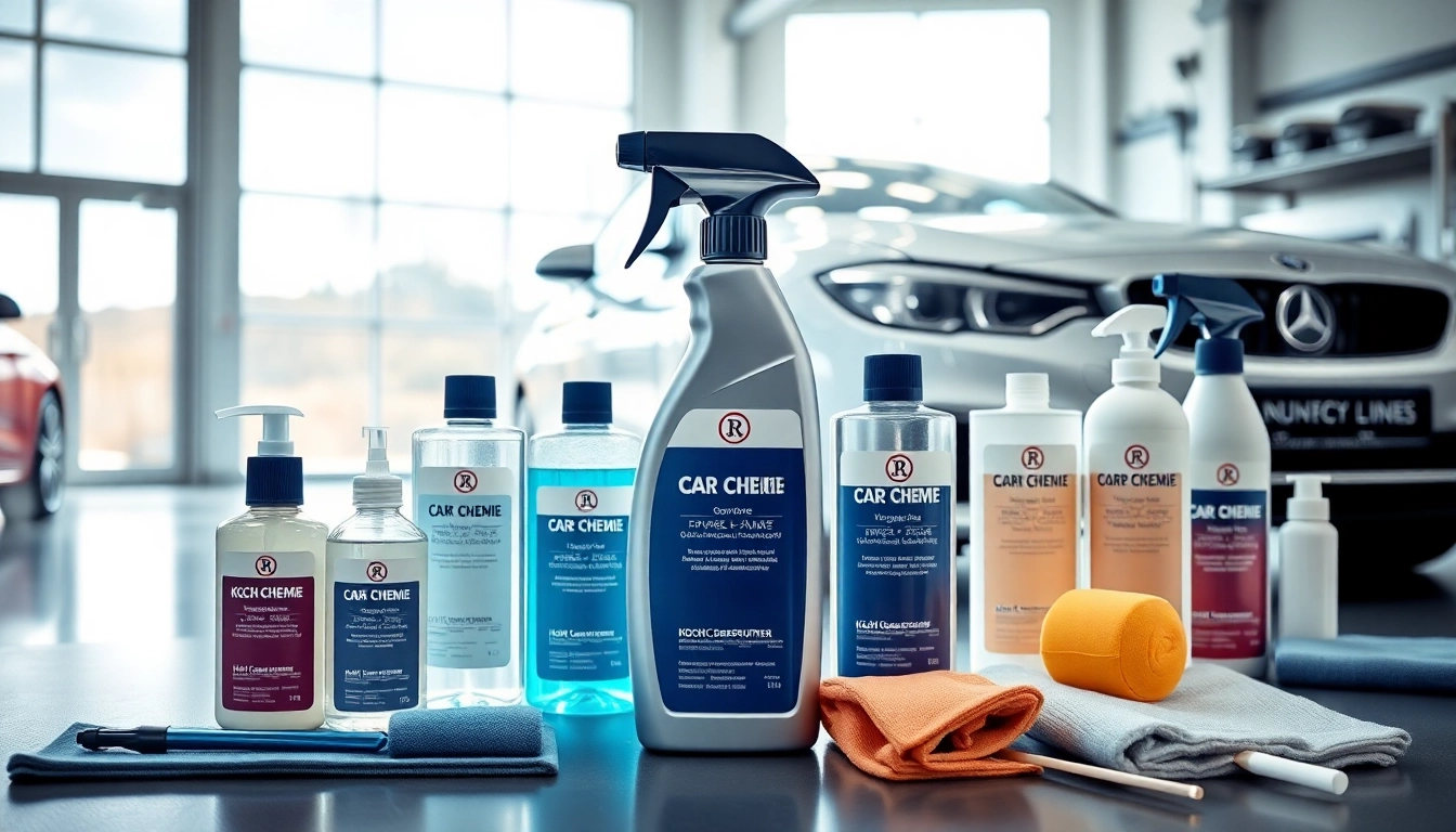 Koch Chemie Produkte in einer professionellen Fahrzeugpflege-Umgebung mit modernem Design.