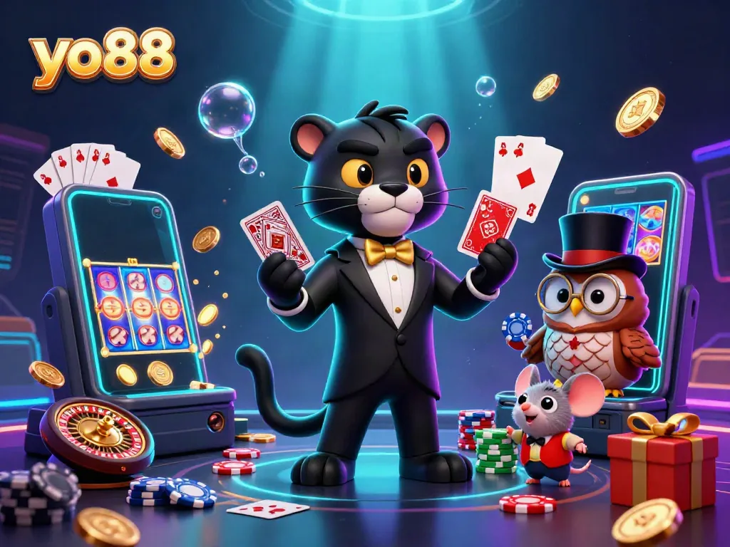 Join the vibrant world of yo88, where an elegant black panther deals cards amidst cascading coins and colorful games.