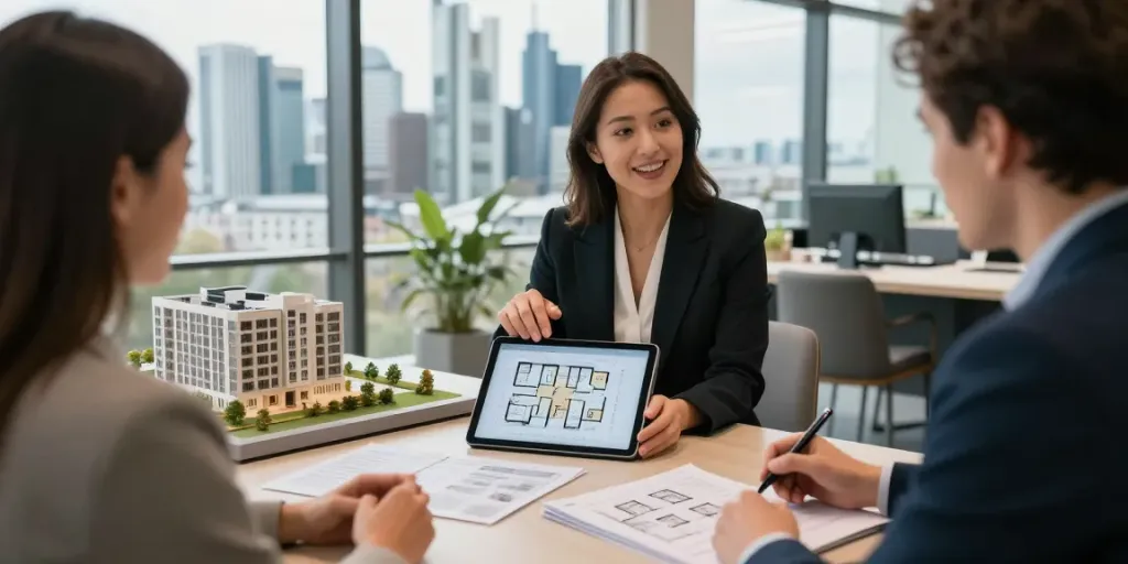 Bester Immobilienmakler Frankfurt berät Kunden in modernem Büro mit Stadtblick