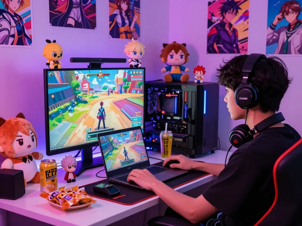 Engaged player enjoying a hentai game in a vibrant gaming setup