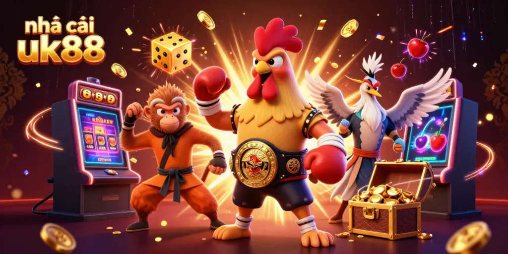 Engage in the vibrant world of nhà cái uk88 with a thrilling 3D illustration of casino games and characters.