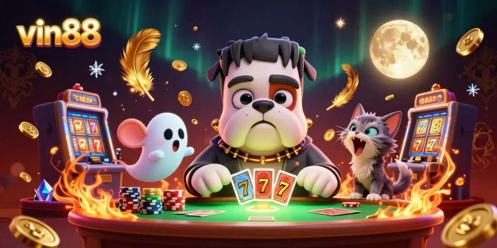 vin88's vibrant casino scene showcases a bulldog dealer, ghost mouse, and werewolf kitten in a thrilling atmosphere.