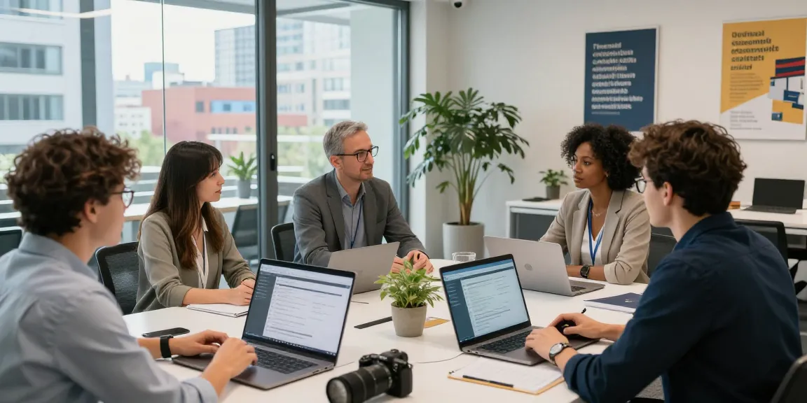 Offenes Büro mit Team in Feedback-Sitzung, das schlechte Arbeitskultur angeht.