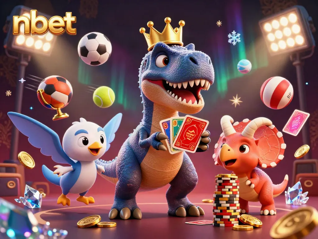 Engage in thrilling gameplay with nbet as a T-Rex shuffles cards and dinosaurs stack chips in a lively casino scene.