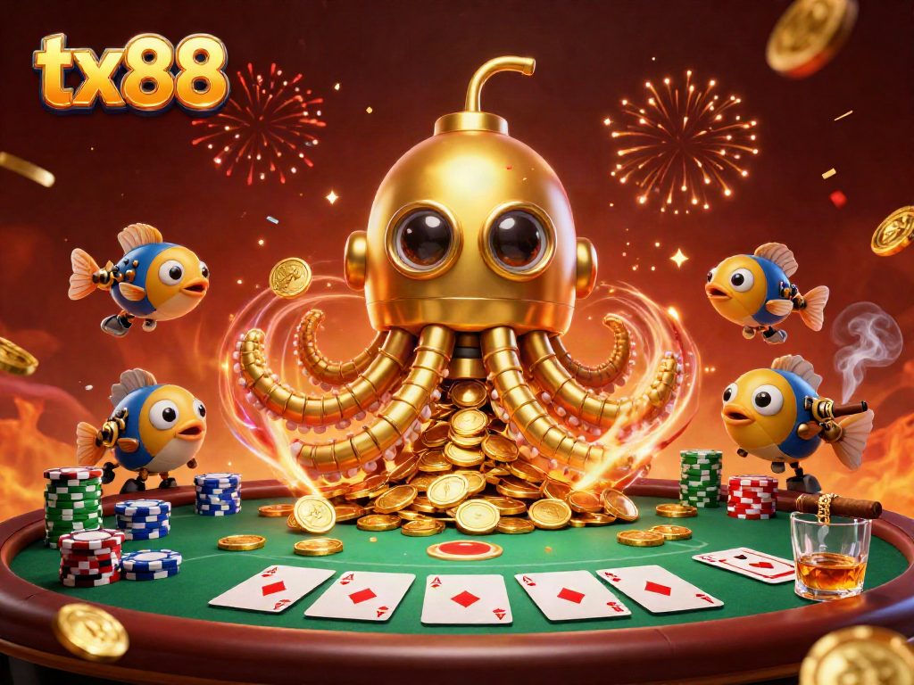 Experience excitement with tx88’s lively gaming scene filled with golden coins and poker dynamics.