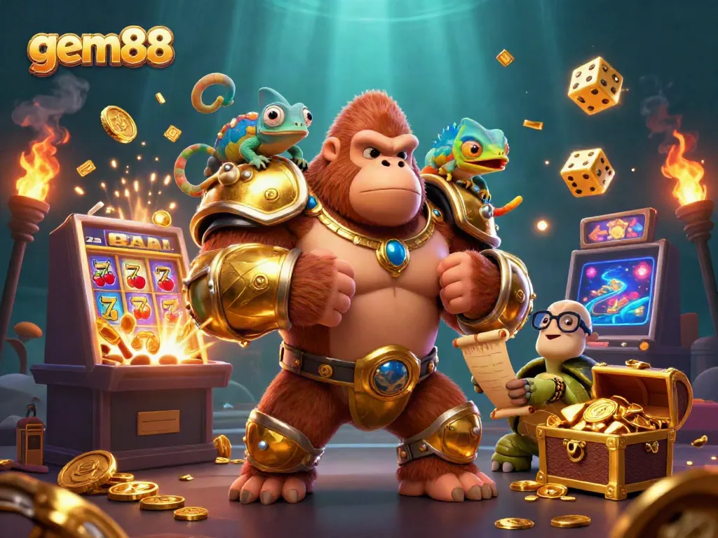 Engage in thrilling games of chance with gem88, capturing an exciting casino atmosphere with characters and elements.