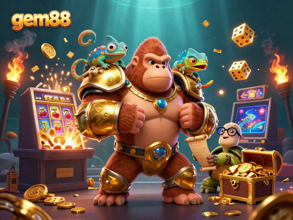Engage in thrilling games of chance with gem88, capturing an exciting casino atmosphere with characters and elements.