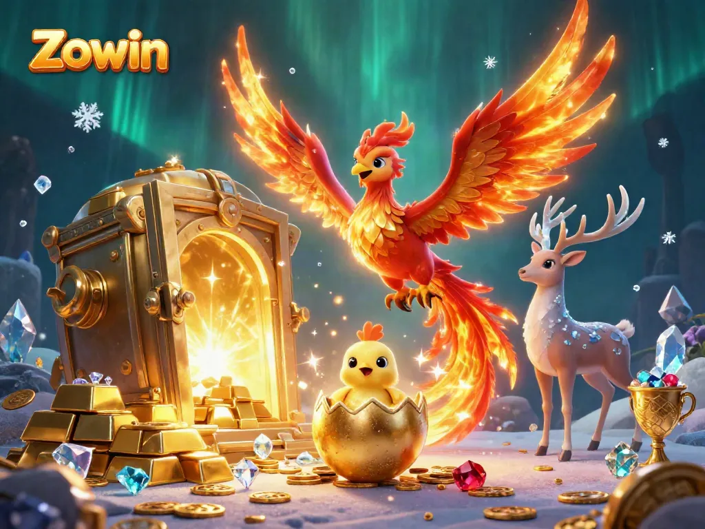 Zowin offers engaging gaming experiences with vibrant phoenix and mystical creatures amidst treasure