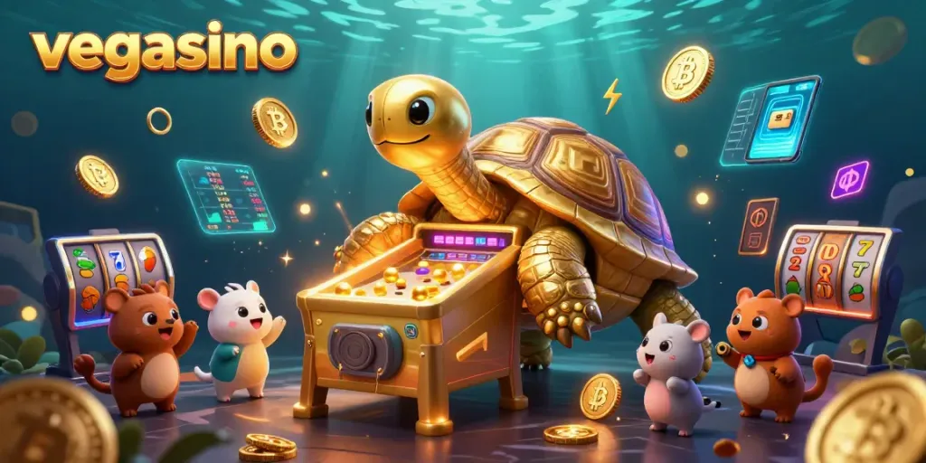 Engage with vegasino in a vibrant 3D scene featuring a lively tortoise pinball machine surrounded by slot game elements.