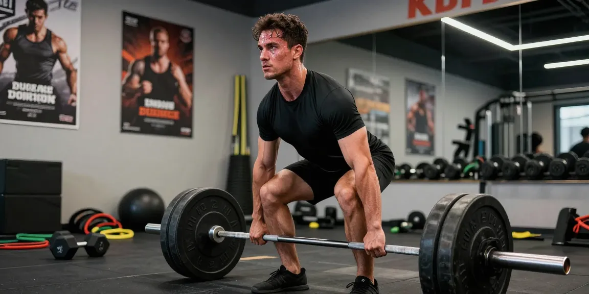 Anabolika Shop: Bodybuilder beim Deadlift im Fitnessstudio, starke Atmosphäre und moderne Ausrüstung.