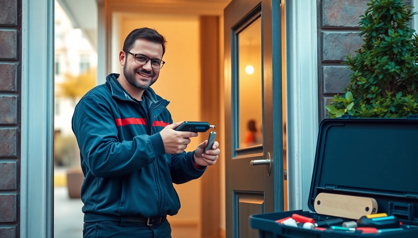 Schlüsselnotdienst-Techniker hilft einem Kunden am Hauseingang in Wiesbaden.