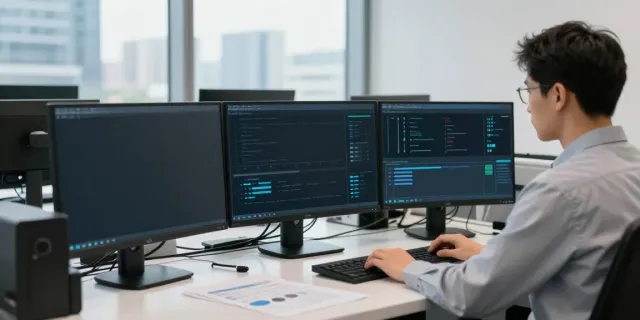 IT-Sicherheit für KMU – Cybersecurity-Experte analysiert Sicherheitsprotokolle in modernem Büro.