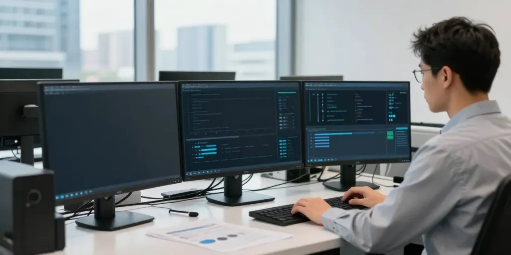 IT-Sicherheit für KMU – Cybersecurity-Experte analysiert Sicherheitsprotokolle in modernem Büro.