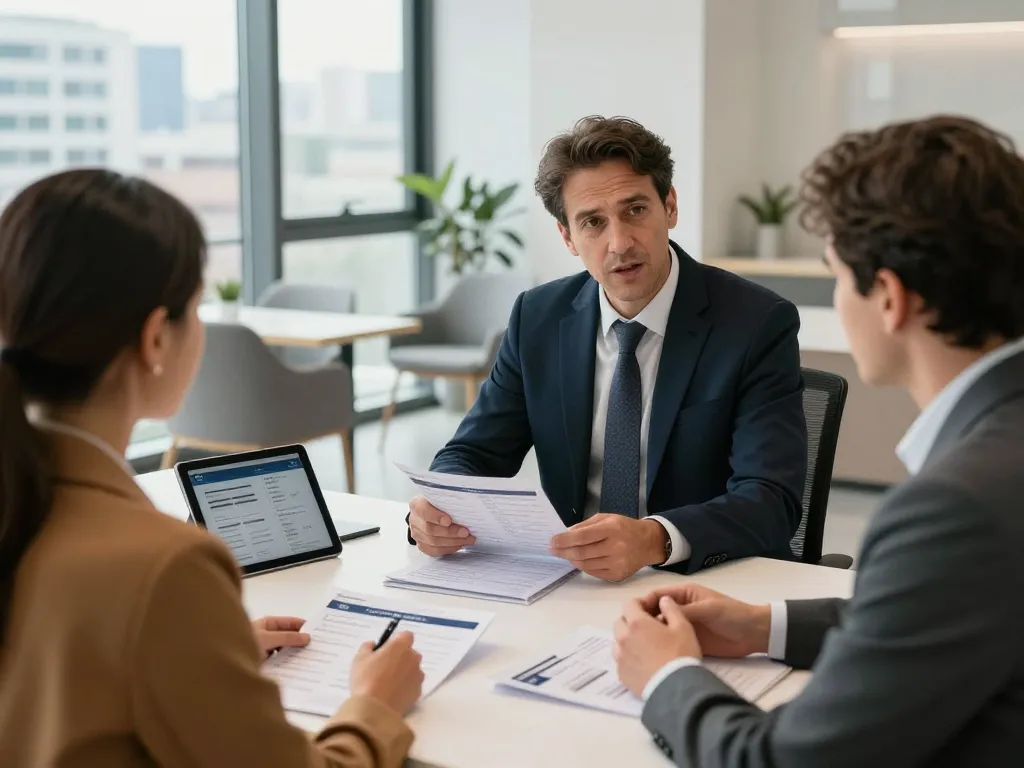 Engagierte Interaktion mit Immobilienmakler Frankfurt Ginnheim in einem modernen Büro, das Immobilienbroschüren und digitale Angebote präsentiert.