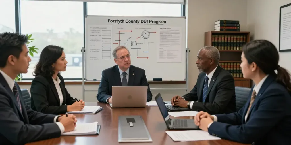 Team of attorneys discussing strategies for the Forsyth County DUI court program in a law office meeting.