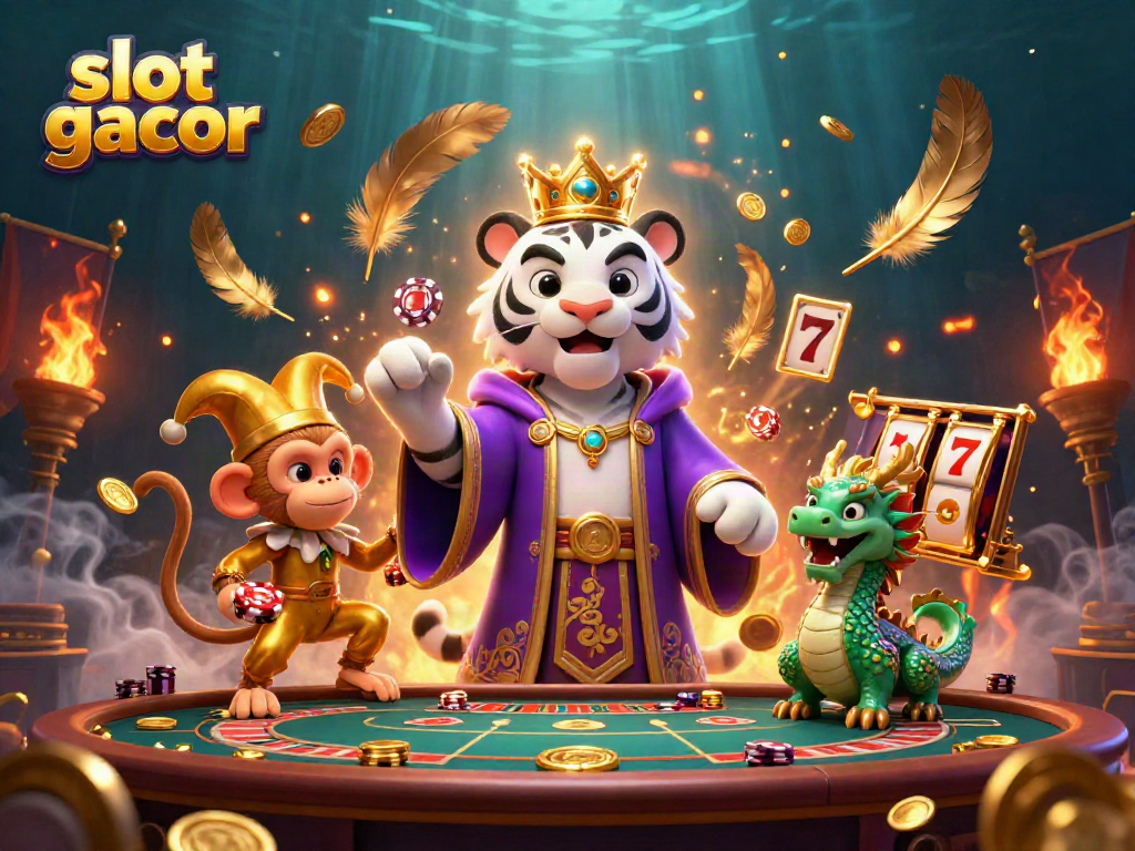 Engaging scene of a slot gacor-themed 3D illustration featuring a regal tiger, playful monkey, and jade dragon amidst vibrant casino elements.
