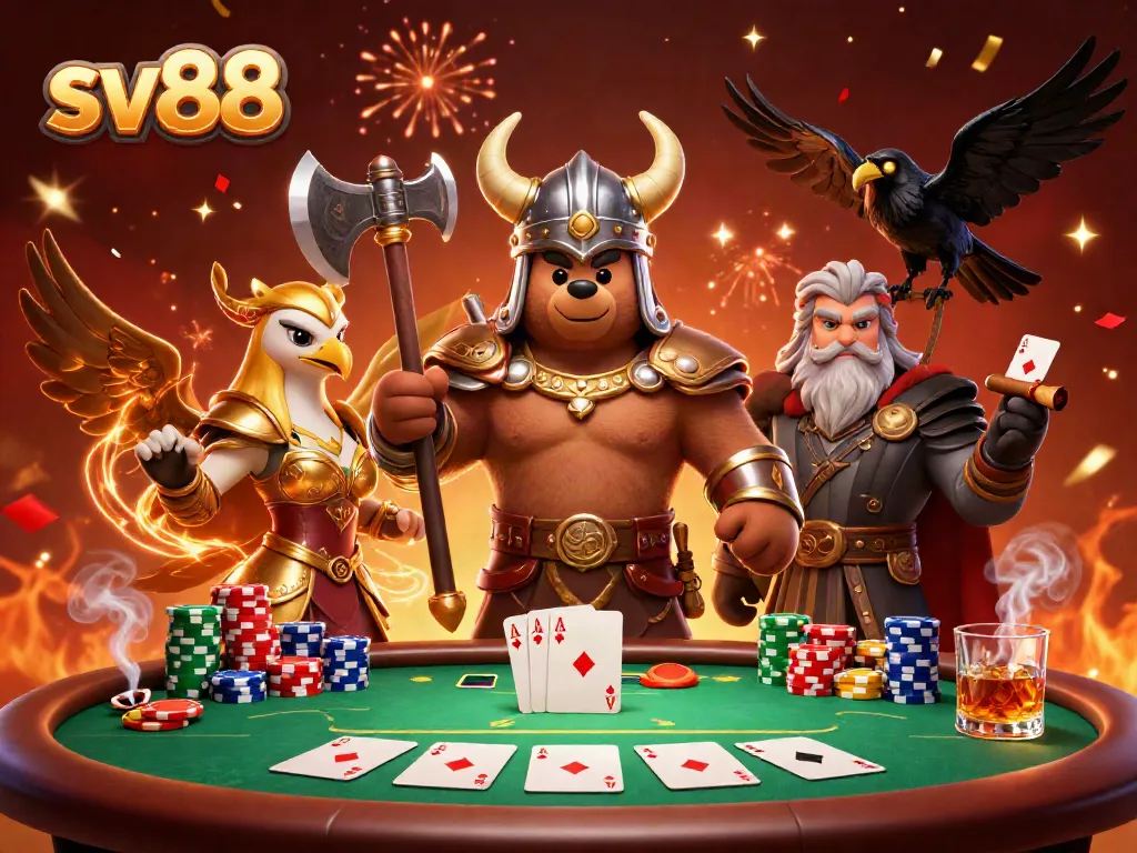 Experience the excitement of SV88 with a Viking bear and Valkyrie eagle in a lively poker scene.
