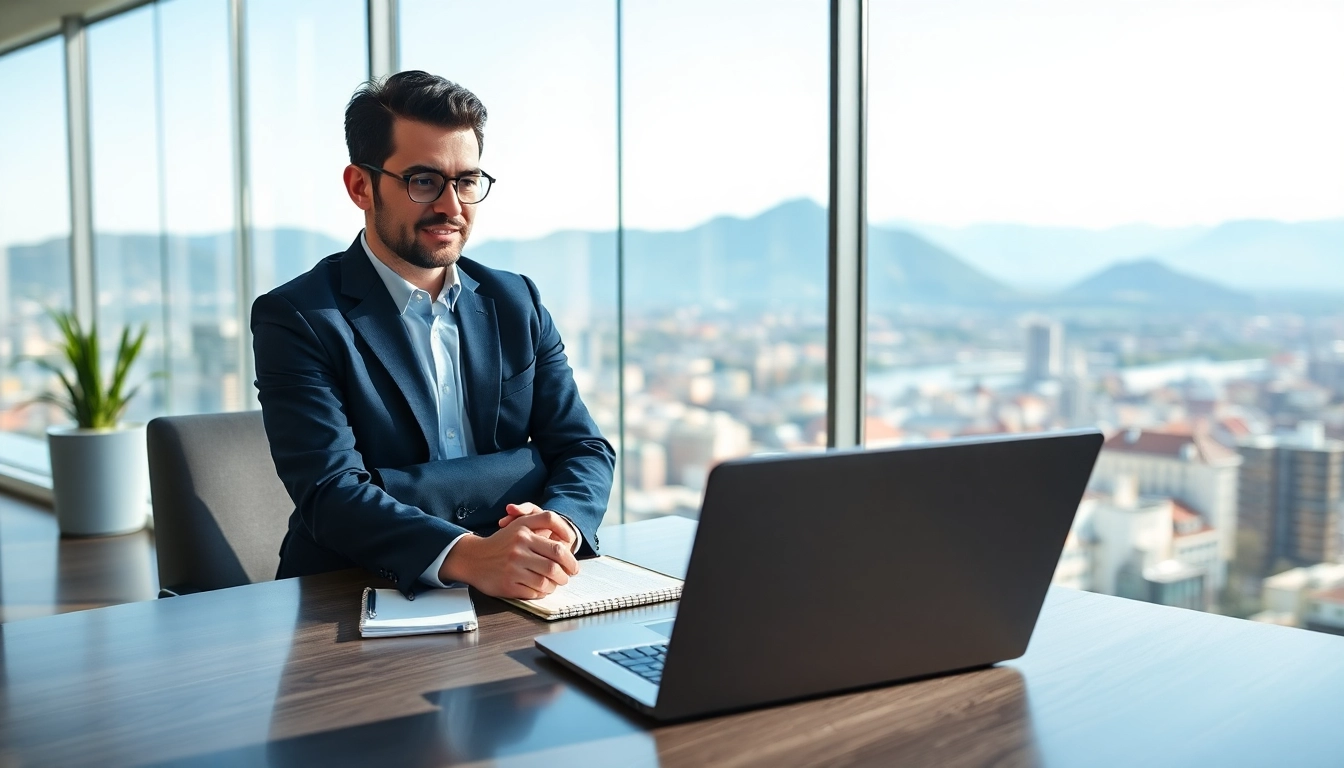 Headhunter Schweiz in a modern office environment conducting a video call.