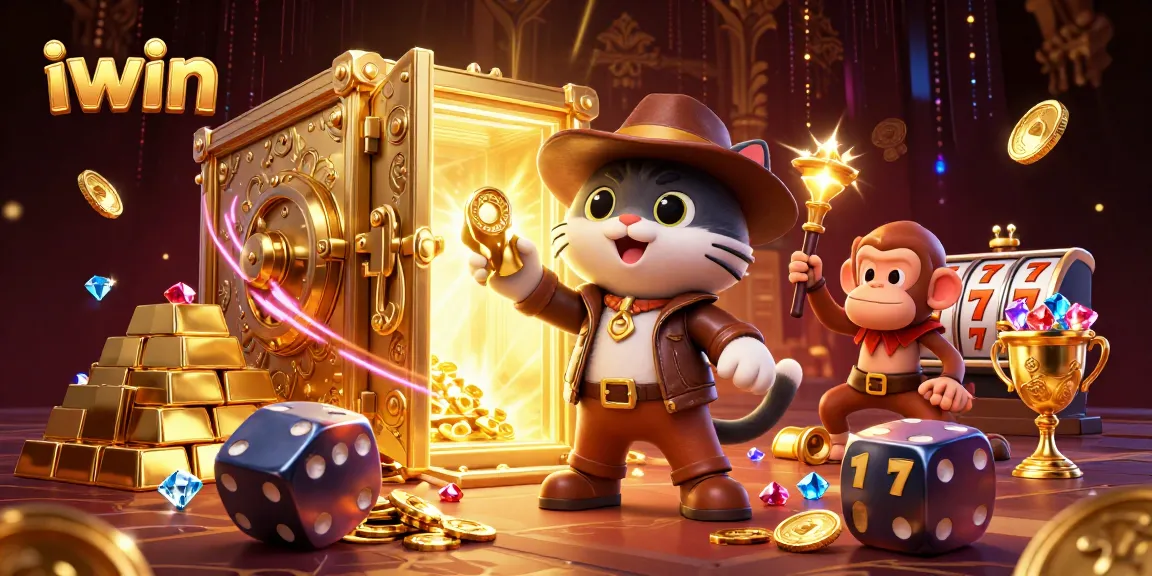 iwin brings thrilling casino adventures to life with a cartoon explorer and treasures.