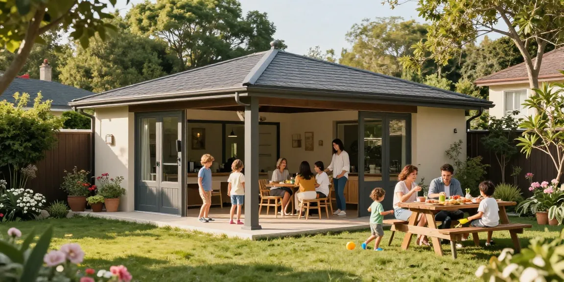 Freistehende Terrassenüberdachung im Garten mit Familie, die einen sonnigen Nachmittag genießt.