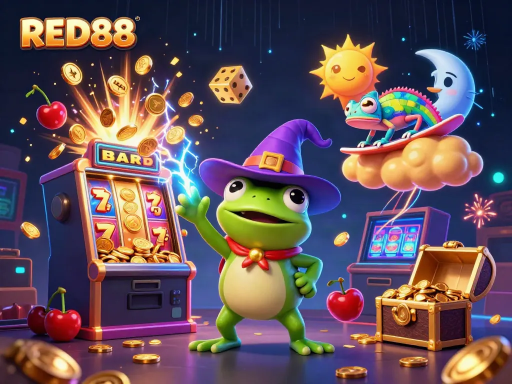 Experience the dynamic gaming action at RED88 with vibrant characters and casino elements.