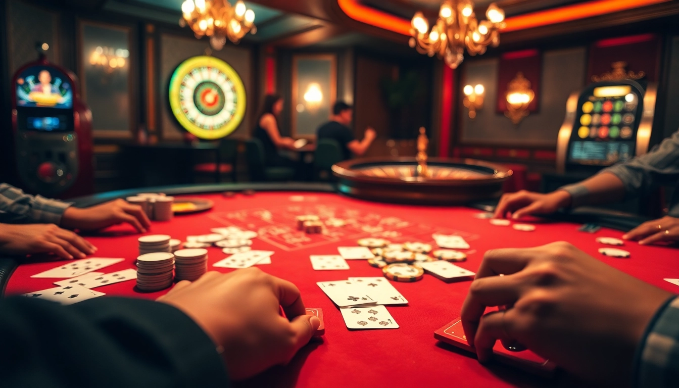 Players enjoying the thrill of casino games at home Jl55, featuring vibrant poker chips and cards.